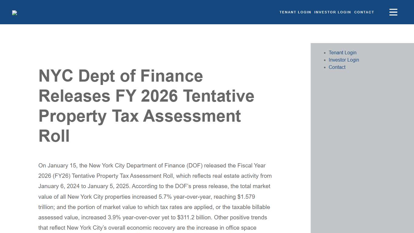 NYC Dept of Finance Releases FY 2026 Tentative Property Tax Assessment Roll – ABS Partners